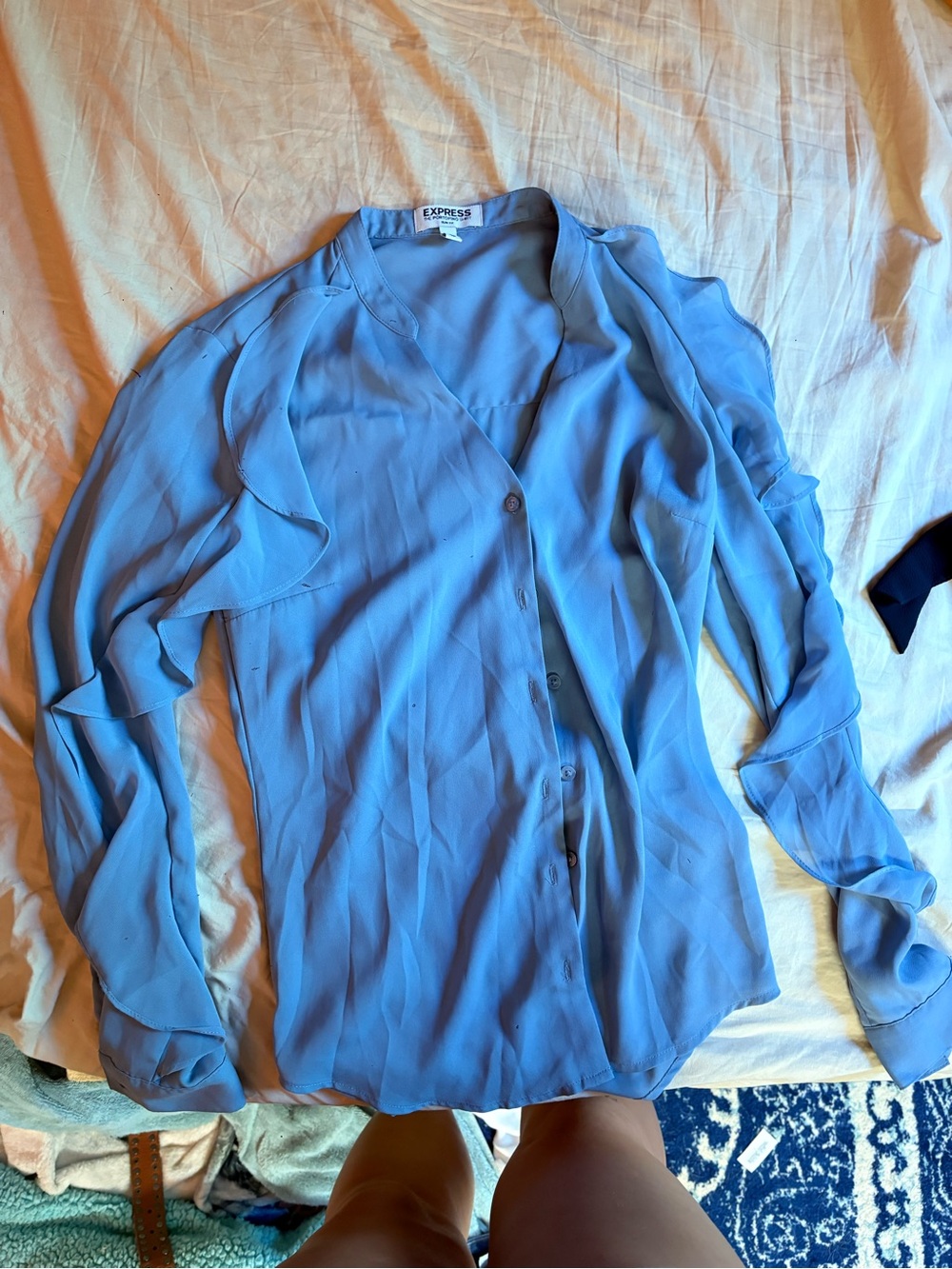 Express Light Blue Ruffle-Trim Button Front Blouse